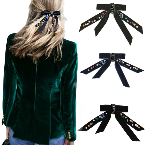Pinza para el Pelo con Lazo de Terciopelo Vintage para Mujer Clip de Resorte de Strass de Lujo y Perla Artificial Accesorio para el Pelo