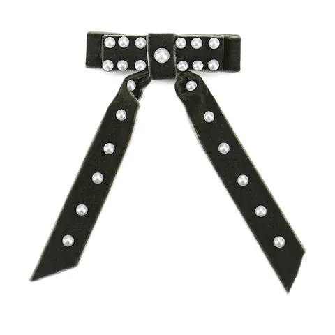 Französisch Vintage Samt Schleife Haarspange Mit Künstliche Perlen Elegant Lange Bänder Federclip Damen Pferdeschwanz Halter Haarschmuck