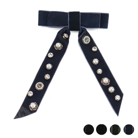 Fermaglio per Capelli con Fiocco in Velluto Vintage Nastri Lunghi Perla Artificial Sintetica Strass Lega Clip a Molla Gioielli per Matrimonio Festa Donna
