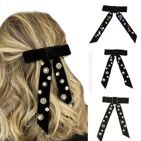 Fermaglio per Capelli con Fiocco in Velluto Vintage Nastri Lunghi Perla Artificial Sintetica Strass Lega Clip a Molla Gioielli per Matrimonio Festa Donna