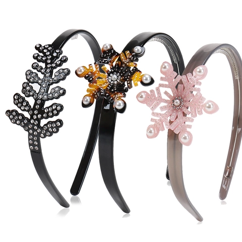 Diadema de Navidad de Acetato Copo de Nieve Hoja Strass Perla Artificial Antideslizante Elegante Accesorio para Pelo Mujer