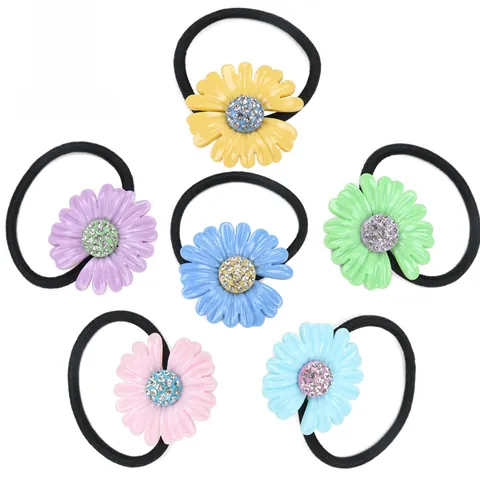 Korean Cellulose Acetate Daisy Hair Tie With Rhinestone Sweet Floral Elastic Hair Band For Women Daily Hair Accessories