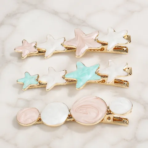 Korean Style Sweet Enamel Marble Star Round Alloy Hair Clip Fashion Girls Duckbill Clip Side Pin Hair Accessory Jewelry
