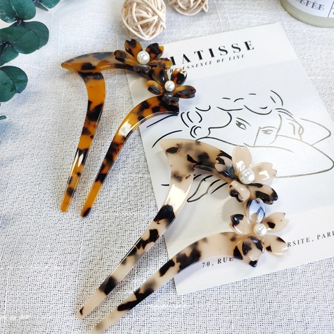 Bacchetta per Capelli a Forma di U in Acetato Retrò per Donna Elegante Fiore 3D Perla Artificiale Forcina Motivo Tartaruga Gioielli