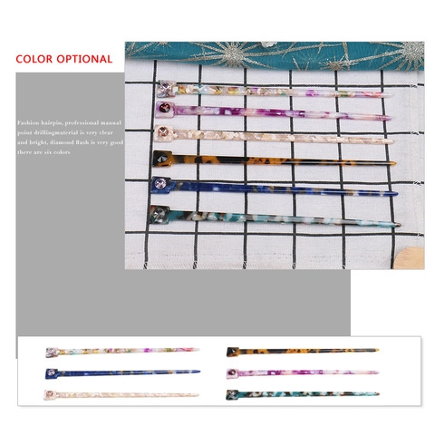 Vintage Cellulose Acetate Hair Stick For Women Chinese Style Marble Tortoiseshell Pattern Hair Pin With Rhinestone Inlaid Accessory