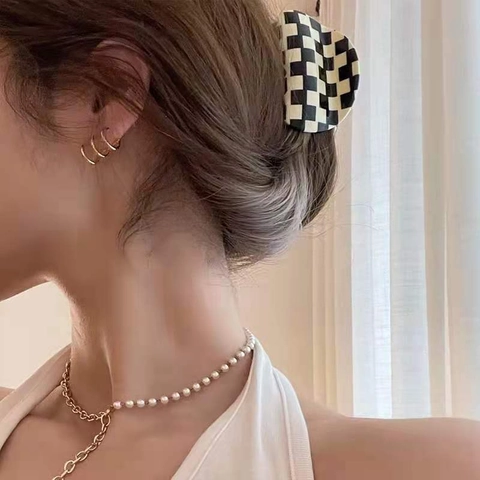 Pinza para el Cabello Retro a Cuadros Blanco Negro Rejilla Acetato Pinza de Tiburón Antideslizante Para Mujer Accesorios