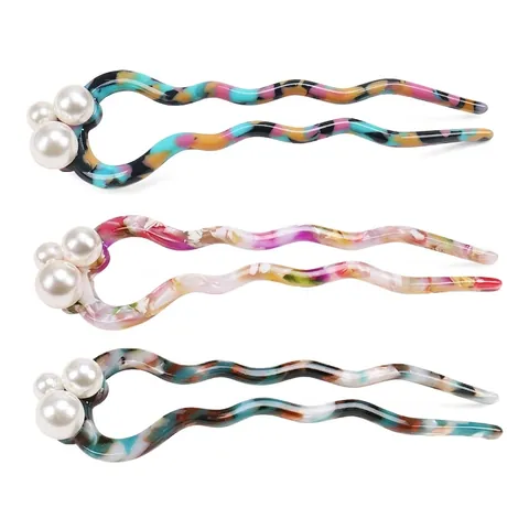 Vintage Wellenförmiger Haarstab aus Zelluloseacetat für Damen Elegante U-förmige Haargabel mit Künstlicher Perlendekoration Haarschmuck