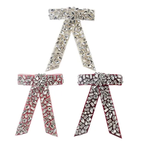 Luxe Fluwelen Strik Haarklem Met Strass Versiering Elegante Grote Veerclip Voor Vrouwen Bruiloft Feest Haaraccessoires
