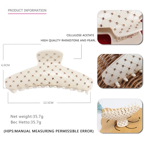French Vintage Cellulose Acetate Hair Claw Clip Large Grid Pattern Rhinestone Artificial Pearl Shark Clip For Women Hair Accessory