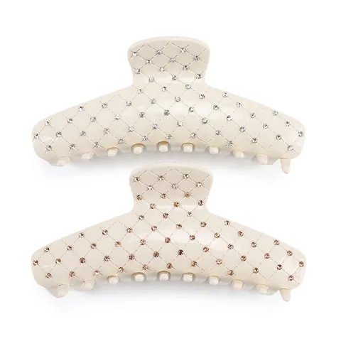 French Vintage Cellulose Acetate Hair Claw Clip Large Grid Pattern Rhinestone Artificial Pearl Shark Clip For Women Hair Accessory