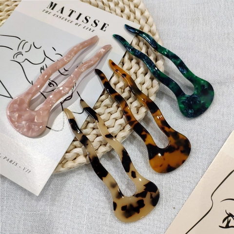 Horquilla para el Pelo en U de Acetato Francés Diseño Ondulado Careya Patrón de Mármol Vintage Pasador para Mujer Peinado