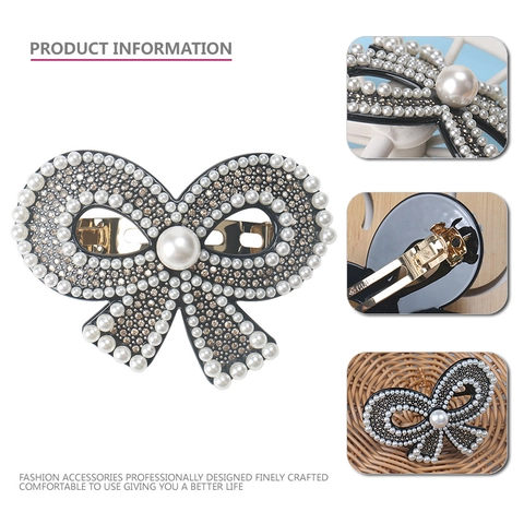 Pinza para el Cabello con Lazo de Acetato Elegante con Perlas Artificiales y Diamantes de Imitación Clip de Resorte de Lujo para Mujer