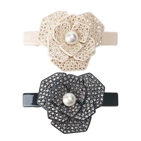 Elegante Fermaglio Per Capelli Camelia In Acetato Con Strass E Perla Artificiale Fatto A Mano Accessori Per Capelli Donna