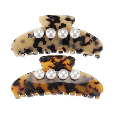 Pinza per Capelli in Acetato Francese Elegante Motivo Tartarugato Perla Artificiale Intarsiata Molletta Grande per Donna Accessori Capelli Vintage