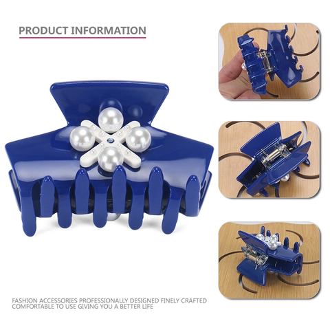 Elegante Pinza per Capelli in Acetato Blu Con Perle Artificiali e Strass Design Floreale a Croce Accessori per Capelli Donna