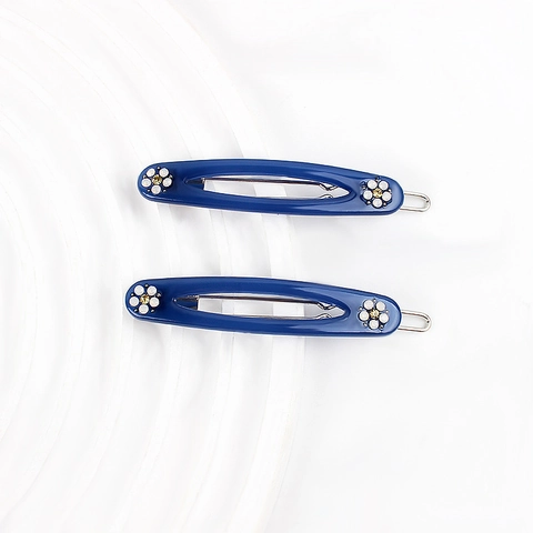 Klein Blauw Acetaat Opengewerkte Ovale Haarspeld Met Strass Bloem Voor Vrouwen Mode Haaraccessoires Zoete Zijclip