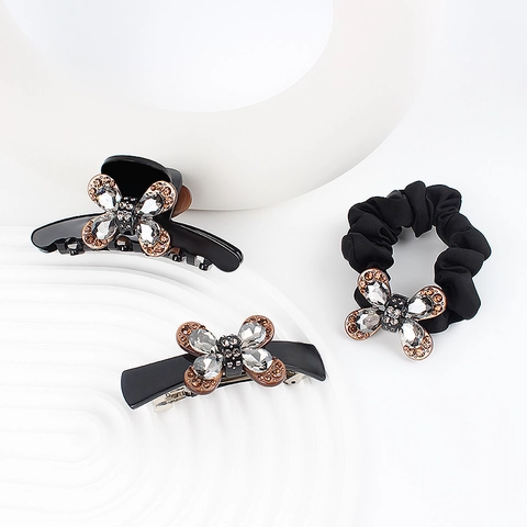Vintage Schwarze Acetat Schmetterling Haarklammern Set Elegante Kristall Strass Haarkralle Federclip Haargummi Für Damen