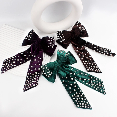 Pinza para el Cabello con Lazo de Terciopelo Grande con Strass Perlas Artificiales Cinta Larga Vintage Elegantes Accesorios Mujer