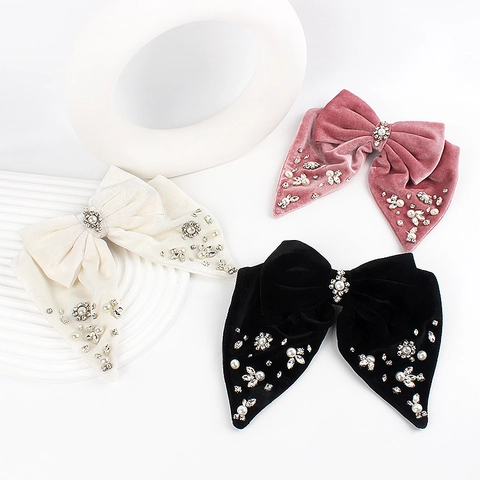 Pinza para el Cabello con Lazo de Terciopelo de Lujo Vintage Elegante Perla Artificial Strass Horquilla para Mujer Fiesta Boda Joyería