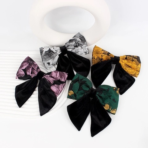 Vintage Jacquard Fabric Bow Hair Clip Velvet Large Floral Spring Clip Elegant Hair Accessory For Women Party Everyday Style