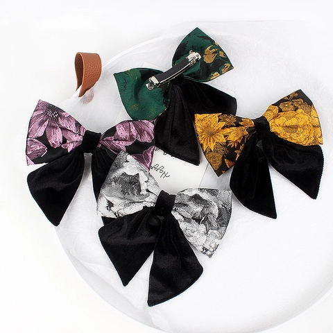 Vintage Jacquard Fabric Bow Hair Clip Velvet Large Floral Spring Clip Elegant Hair Accessory For Women Party Everyday Style