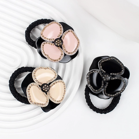Elastico per Capelli in Acetato con Fiore di Camelia Vintage Francese e Strass Elegante Supporto per Coda di Cavallo per Donna Accessori Quotidiani per Feste