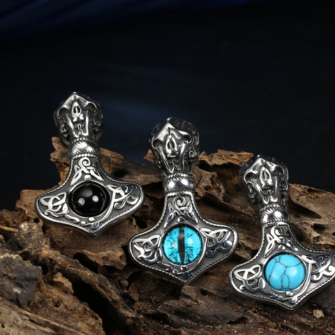 Viking Thor's Hammer Pendant Only (Without Chain) Stainless Steel Skull Rhinestone Gothic Pendant For Men Vintage Jewelry