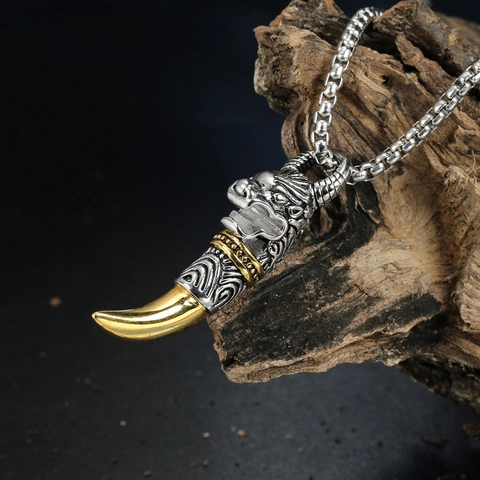 Vintage Edelstahl Drachen Wolfskopf Stoßzahn Anhänger Zweifarbig Gold Silber Herren Punk Gothic Schmuck Nur Anhänger Ohne Kette