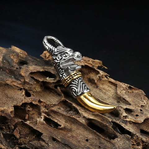 Vintage Edelstahl Drachen Wolfskopf Stoßzahn Anhänger Zweifarbig Gold Silber Herren Punk Gothic Schmuck Nur Anhänger Ohne Kette