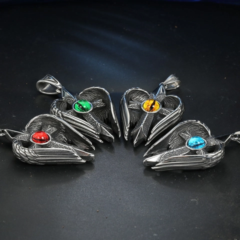 Gothic Vintage Stainless Steel Angel Wing Cross Pendant With Colorful Devil Eye Fashion Punk Jewelry For Men Women