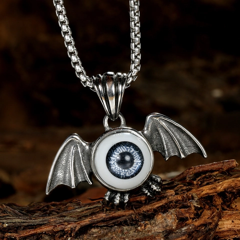 Collar con Colgante de Ojo Turco y Alas de Murciélago de Acero Inoxidable Gótico Joyería Punk Vintage Color Plata para Hombre Mujer Halloween