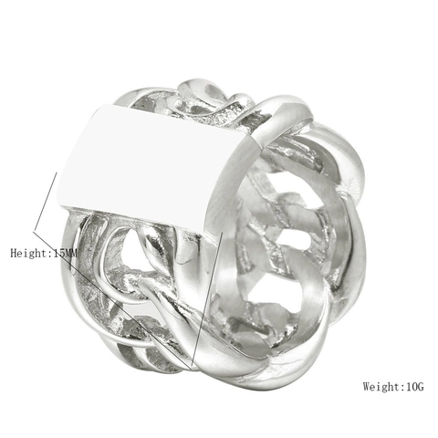 Stainless Steel Chain Link Signet Ring For Men Punk Industrial Style Rectangular Surface Band Ring Silver Tone Jewelry