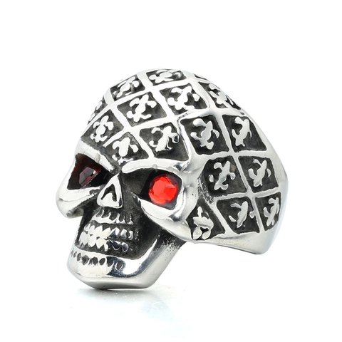 Vintage Stainless Steel Skull Ring Gothic Punk Rock Jewelry With Red Blue Rhinestone Eye Fleur De Lis Pattern For Men