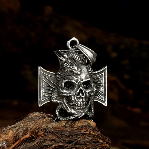 Retro Gothic Skull Dragon Cross Pendant Necklace Stainless Steel Punk Rock Jewelry Distressed Finish For Men Biker Style