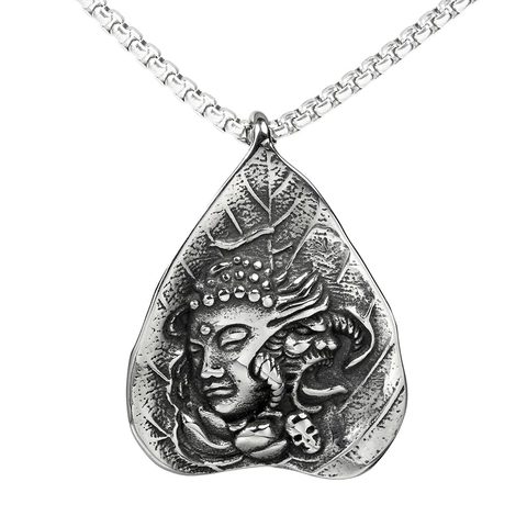 Retro Stainless Steel Buddha Head Skull Leaf Pendant Necklace Religious Jewelry For Men Steel Color Fashion Accessory