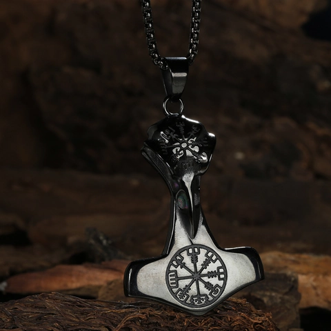 Collier Pendentif Marteau de Thor Viking Nordique pour Hommes Acier Inoxydable Boussole Vegvisir Crâne de Corbeau Bijoux