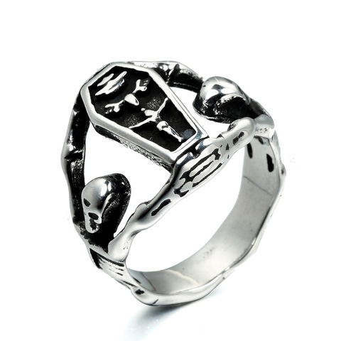 Gothic Coffin Skull Stainless Steel Ring For Men Women Vintage Punk Cross Biker Ring Hip Hop Jewelry Statement Finger Ring Gift