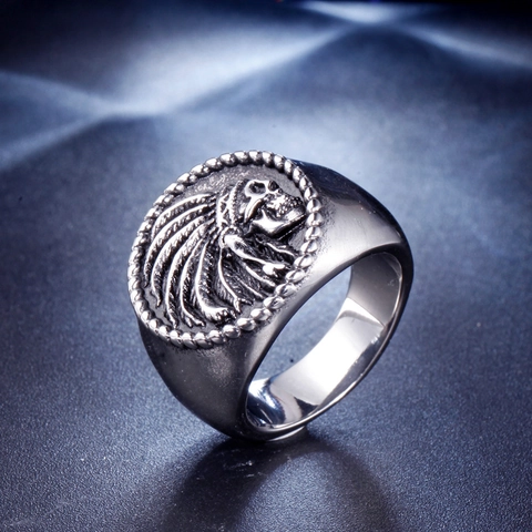 Vintage Men's Stainless Steel Indian Chief Skull Ring Retro Punk Gothic Warrior Headdress Signet Ring Jewelry Gift