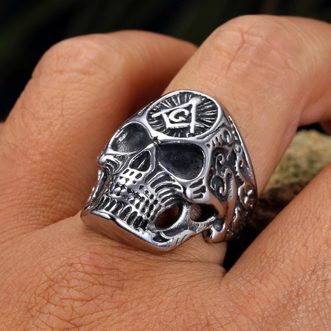 Vintage Punk Stainless Steel Skull Ring Men Masonic Freemasonry Symbol Antique Silver Color Gothic Biker Jewelry Band Ring
