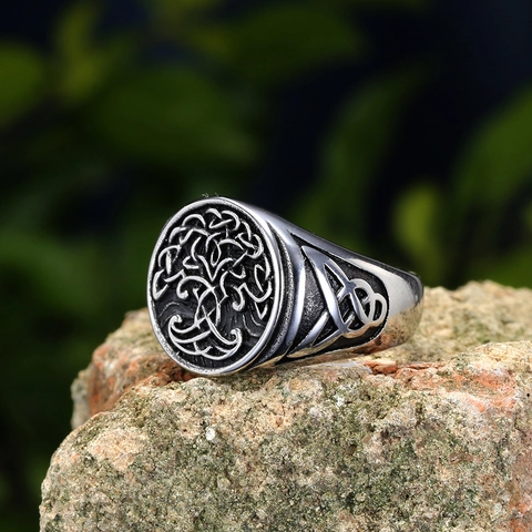 Nordic Vintage Celtic Knot Tree of Life Stainless Steel Ring For Men Retro Distressed Silver Viking Punk Jewelry Finger Ring