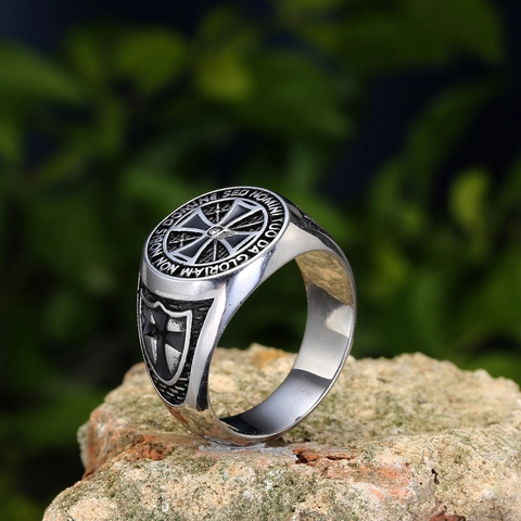 Anello Croce Cavalieri Templari Vintage per Uomo Acciaio Inossidabile Testo Latino Croce di Malta Strass Gioielli Gotici Religiosi