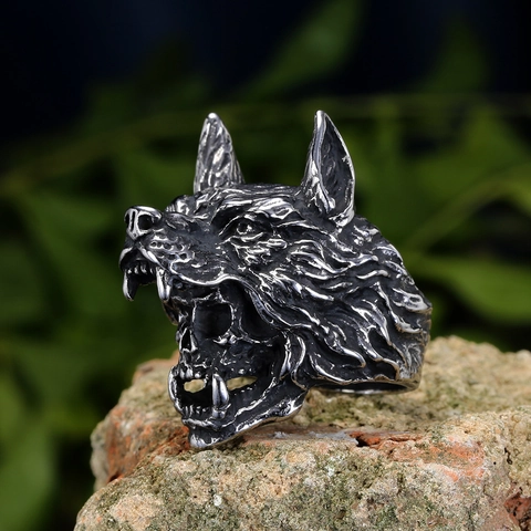 Punk Wolf Head Skull Ring For Men Stainless Steel Gothic Vintage Biker Rings Retro Electroplated Animal Jewelry Gift