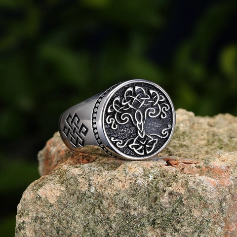 Anillo Vikingo Árbol de la Vida para Hombre Acero Inoxidable Nudo Celta Retro Sello Band Biker Joyería Nórdica Regalo Color Acero