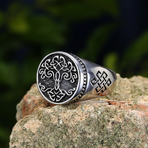 Anillo Vikingo Árbol de la Vida para Hombre Acero Inoxidable Nudo Celta Retro Sello Band Biker Joyería Nórdica Regalo Color Acero