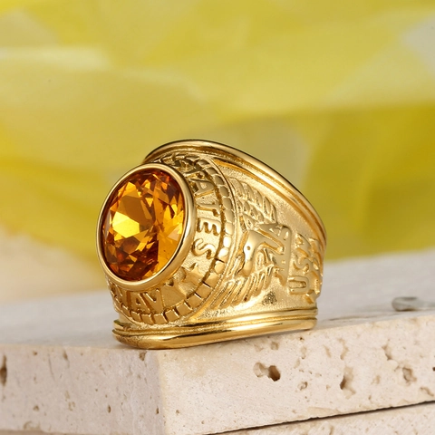 Vintage Men's Stainless Steel Gold Plated Military Signet Ring US Navy Army Eagle Design With Large Oval Rhinestone For Men Jewelry Gift