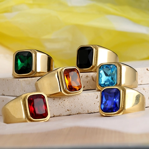 Vintage Men Stainless Steel Ring Gold Plated With Large Rectangular Green Red Blue Black Synthetic Gemstone Signet Jewelry