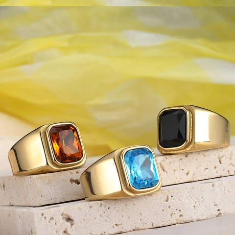 Vintage Men Stainless Steel Ring Gold Plated With Large Rectangular Green Red Blue Black Synthetic Gemstone Signet Jewelry