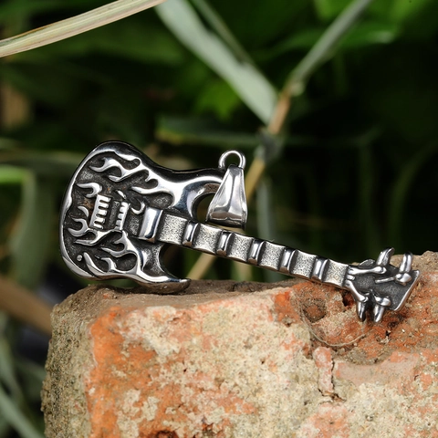 Stainless Steel Electric Guitar Pendant Only Without Chain For Men Punk Rock Hip Hop Flame Pattern Musical Instrument Jewelry