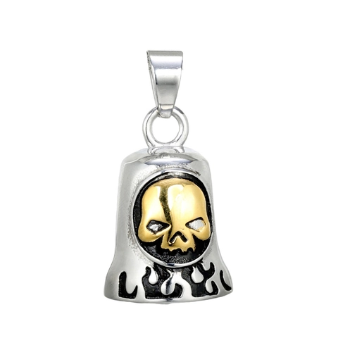Vintage Gothic Punk Skull Bell Pendant Stainless Steel Flame Pattern Biker Guardian Bell Jewelry For Men Women Daily Party Necklace