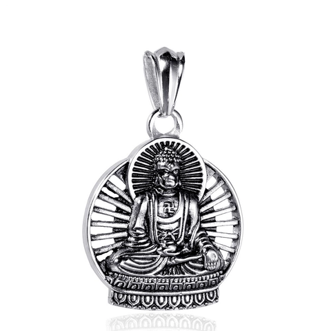 Buddha Pendant Necklace Stainless Steel Hip Hop Religious Seated Figure Halo Symbol Jewelry For Men And Women Fashion
